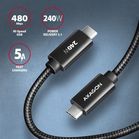 AXAGON BUCM2-CM15AB Kabel USB-C - USB-C, 1.5m 5A charging, ALU, 240W PD, oplot, USB2.0, czarny