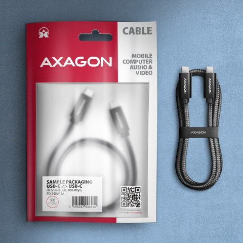 AXAGON BUCM2-CM25AB Kabel USB-C - USB-C, 2.5m 5A charging, ALU, 240W PD, oplot, USB2.0, czarny