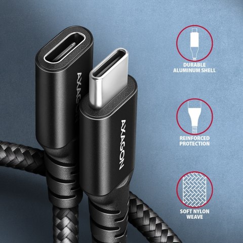 AXAGON BUCM32-CF05AB Kabel przedłużacz Gen2 USB-C - USB-C 0.5m, 5A, 20Gbps, PD 240W, oplot, czarny