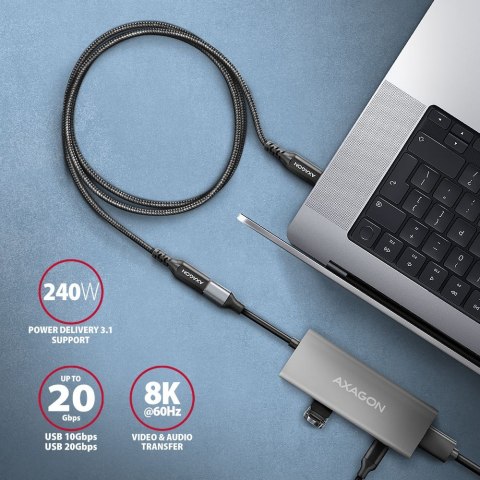 AXAGON BUCM32-CF10AB Kabel przedłużacz Gen2 USB-C - USB-C, 1m, 5A, 20Gbps, PD 240W, oplot, czarny