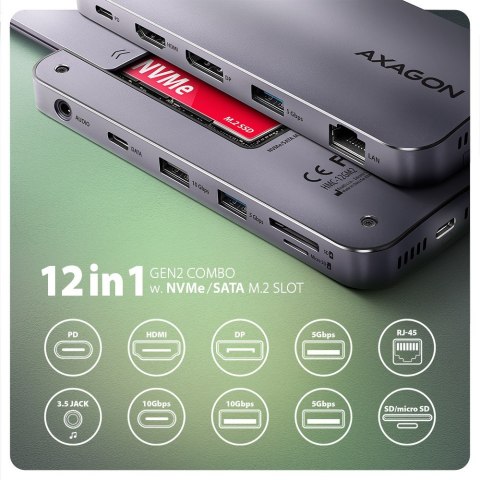 AXAGON HMC-12GM2 Wieloportowy hub USB 12in1 + M.2 NVMe/SATA pozycja, 10Gbps, 3x USB-A, USB-C, HDMI 4K/60Hz, DP 4K/60Hz, GLAN, SD/microS