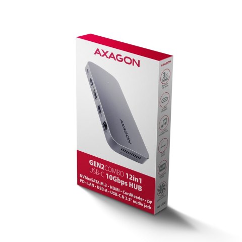 AXAGON HMC-12GM2 Wieloportowy hub USB 12in1 + M.2 NVMe/SATA pozycja, 10Gbps, 3x USB-A, USB-C, HDMI 4K/60Hz, DP 4K/60Hz, GLAN, SD/microS