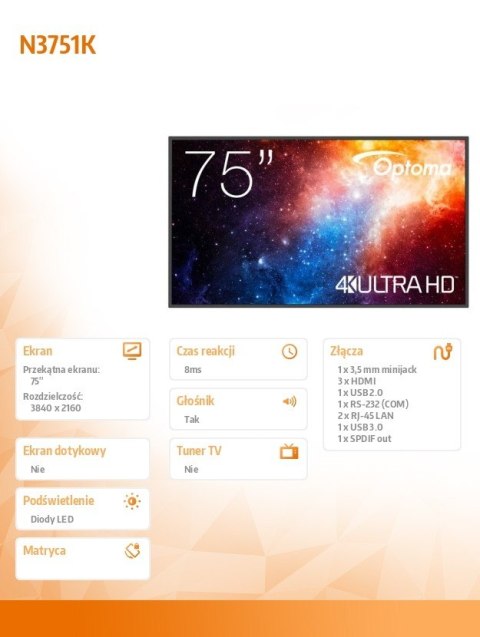 Optoma Monitor wielkoformatowy 75 cali N3751K matowy 24h/7,450cd/m2,USB-C,4K UHD (3840 x 2160),Android 11,Wifi+BT,OMS kod producenta 