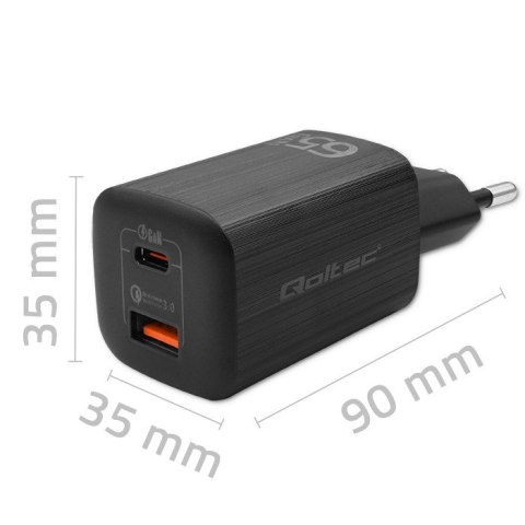 Qoltec Ładowarka sieciowa 65W GaN ULTRA | 5-20V | 2.25-3.25A | 1 x USB typ C PD | 1 x USB | Czarna