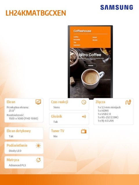 Samsung Monitor profesjonalny KIOSK KM24A/Tizen 24 cale Matowy, Dotykowa 16h/7 250(cd/m2) 1920x1080(FHD) S6 Player 3 lata d2d (LH24KMATB