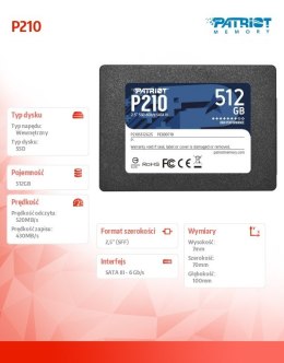 Patriot Dysk SSD 512GB P210 520/430 MB/s SATA III 2.5