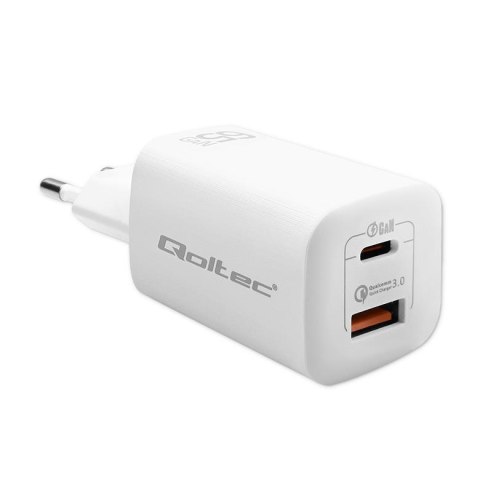 Ładowarka sieciowa Qoltec 65W GaN ULTRA | 5-20V | 2.25-3.25A | 1 x USB typ C PD | 1 x USB QC 3.0 | Biała