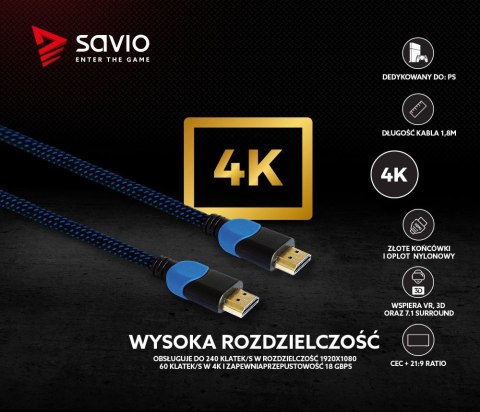 Savio Kabel HDMI 2.0 niebiesko-czarny 1,8m, GCL-02