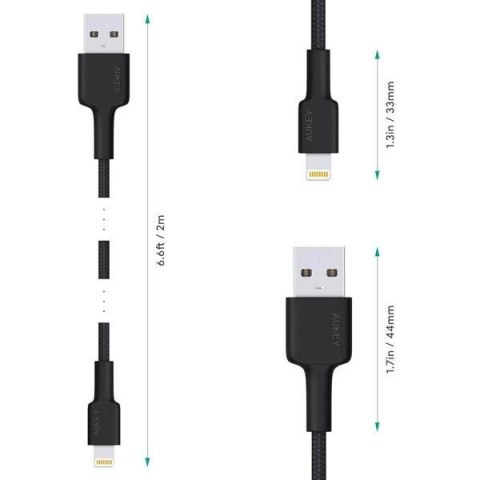 AUKEY CB-AL05 kabel Lightning - USB-A 2m MFi Apple nylonowy oplot czarny