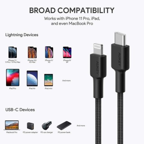 AUKEY CB-CL03 kabel Lightning - USB-C 2m MFi Apple USB-PD nylonowy oplot czarny