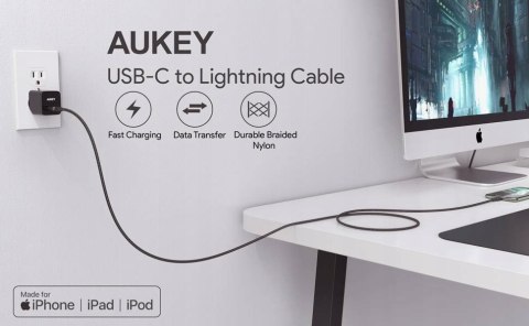 AUKEY CB-CL03 kabel Lightning - USB-C 2m MFi Apple USB-PD nylonowy oplot czarny