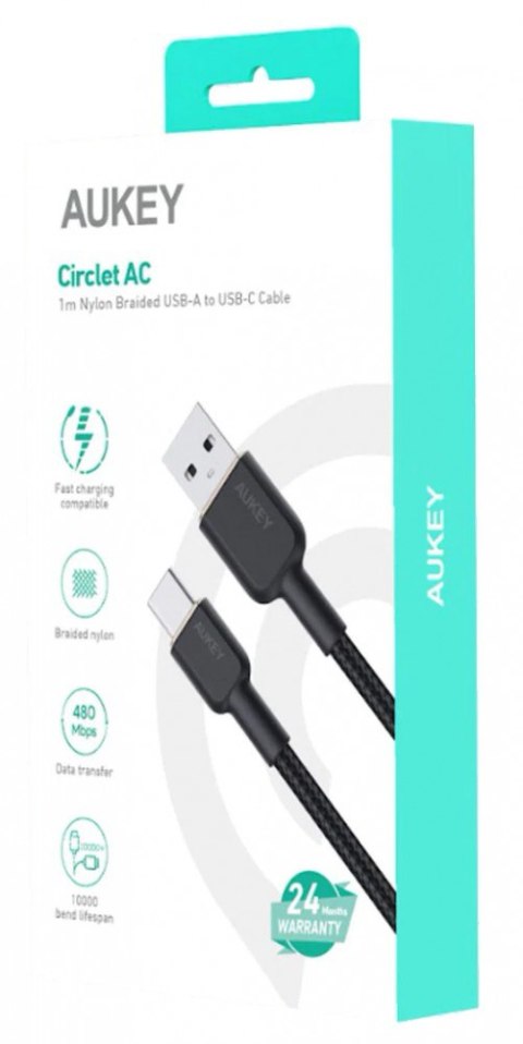 AUKEY CB-NAC1 kabel USB-C - USB-A 1m 60W PD 3A 20V nylonowy oplot czarny