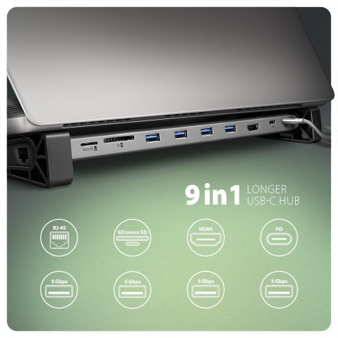 AXAGON HMC-10HLS Wieloportowy hub USB 9in1, 5Gbps, 4x USB-A, HDMI 4K/60Hz, GLAN, SD/microSD, PD 100W, 25cm USB-C kabel