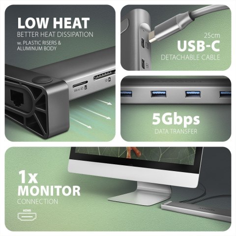 AXAGON HMC-10HLS Wieloportowy hub USB 9in1, 5Gbps, 4x USB-A, HDMI 4K/60Hz, GLAN, SD/microSD, PD 100W, 25cm USB-C kabel