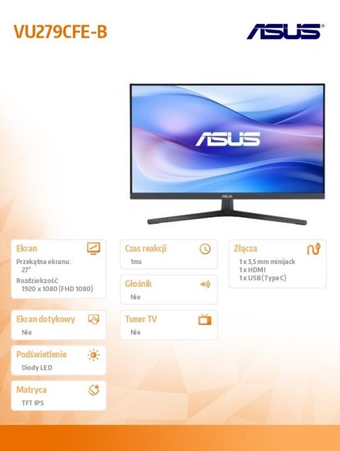 Asus Monitor 27 cali VU279CFE-B IPS 100Hz HDMI USB-C 250cd/m2 1MS