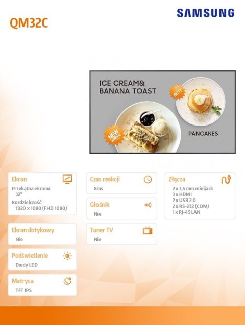 Samsung Monitor profesjonalny QM32C 32 cale Błyszcząca/IPS 24h/7 400(cd/m2) 1920x1080 (FHD) S10 Player (Tizen 7, VXT Ready) Wi-Fi/BT 3 l