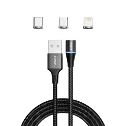 Savio Kabel magnetyczny USB - USB typ C, Micro i Lightning, czarny, 1m, CL-152