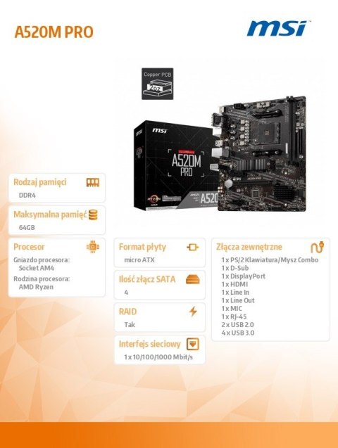 MSI Płyta główna A520M PRO AM4 2DDR4 DP/VGA/HDMI USB 3.2 mATX