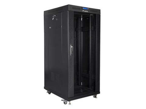 Szafa instalacyjna Rack stojąca 19" 27U 600x800 czarna drzwi szklane LCD Lanberg (flat pack)