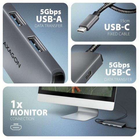 AXAGON HMC-5H8K Wieloportowy hub USB 5in1, 5Gbps, 2x USB-A, 1x USB-C, HDMI 8K/30Hz, PD 100W, 15cm USB-C kabel