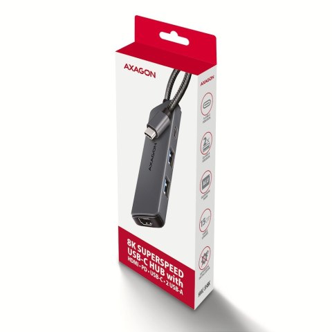 AXAGON HMC-5H8K Wieloportowy hub USB 5in1, 5Gbps, 2x USB-A, 1x USB-C, HDMI 8K/30Hz, PD 100W, 15cm USB-C kabel