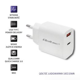 Qoltec Ładowarka sieciowa | 18W | 5-12V | 1.5-3A | USB typ C PD | USB QC 3.0 | Biała