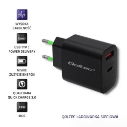 Qoltec Ładowarka sieciowa | 18W | 5-12V | 1.5-3A | USB typ C PD | USB QC 3.0 | Czarna