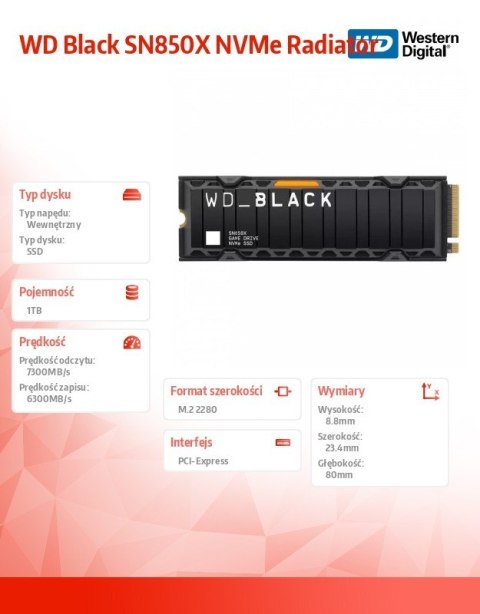 Western Digital Dysk SSD Black 1TB SN850X NVMe M.2 PCIe Radiator