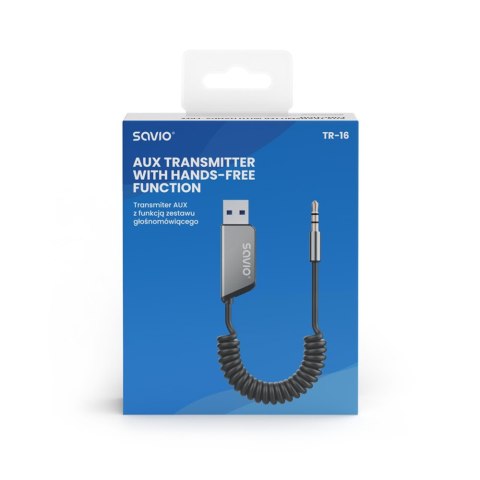 Savio Adapter transmiter AUX z bluetooth 5.3, funkcja zestawu głośnomówiącego, TR-16