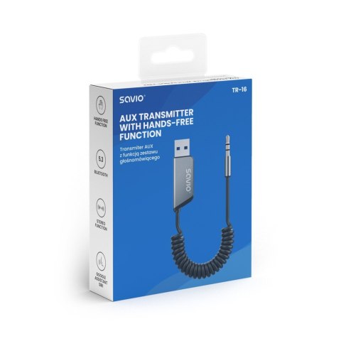 Savio Adapter transmiter AUX z bluetooth 5.3, funkcja zestawu głośnomówiącego, TR-16