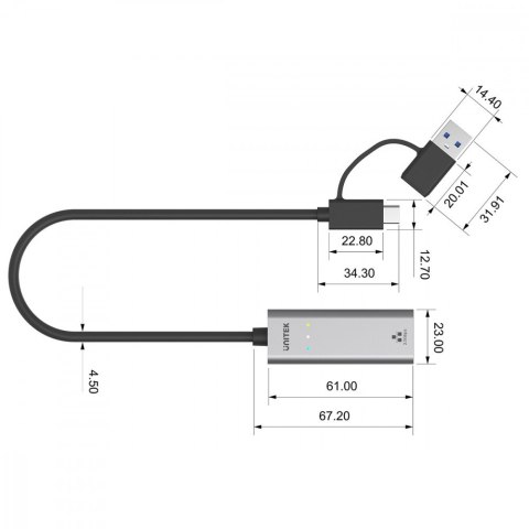 Unitek Adapter USB-A/C 3.1 GEN1 RJ45; 2,5 Gbps; U1313C