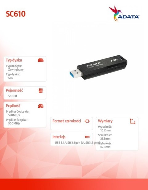 Adata Dysk SSD zewnętrzny SC610 500GB USB3.2A Gen2 czarny