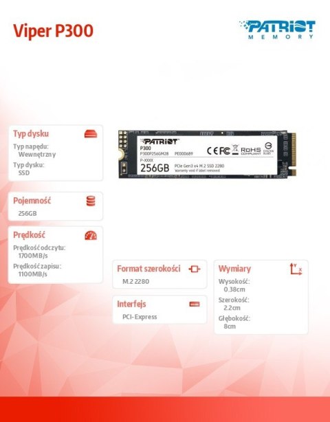 Patriot Dysk SSD P300 256GB M.2 PCIe Gen 3 x4 1700/1100