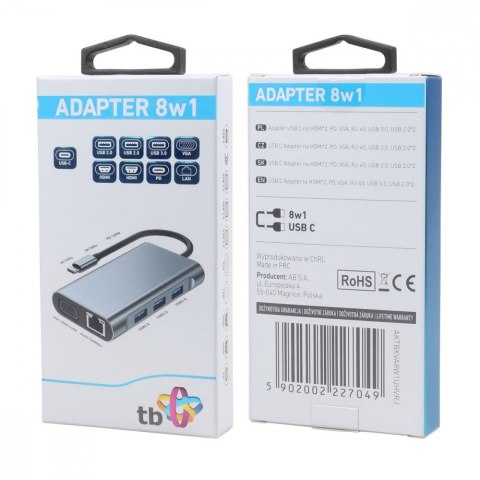 TB HUB Adapter USB C 8w1 HDMIx2 USB VGA RJ45 PD