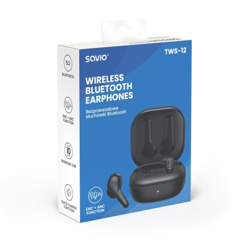Savio Słuchawki bezprzewodowe Bluetooth 5.3 z mikrofonem, ANC, ENC, QC, TWS-12