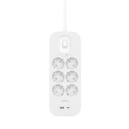 Listwa zasilająca Belkin Power Surge 6-PORT + 1xUSB-A +1xUSB-C 2.4A PD 650J 2m White Schuko