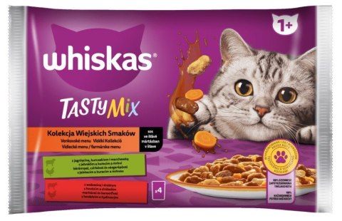 WHISKAS Tasty Mix w sosie Jagnięcina z kurczakiem i marchewką, Wołowina z drobiem - mokra karma dla kota - 4x 85g