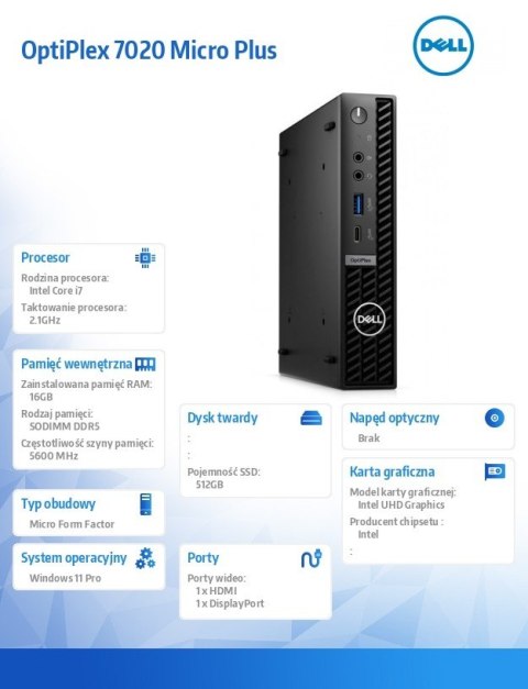 Dell Komputer Optiplex Plus MFF 7020 W11Pro i7-14700/16GB/512GB/Int/WLAN + BT/Wireless Kb & Mouse/vPro/3YPS