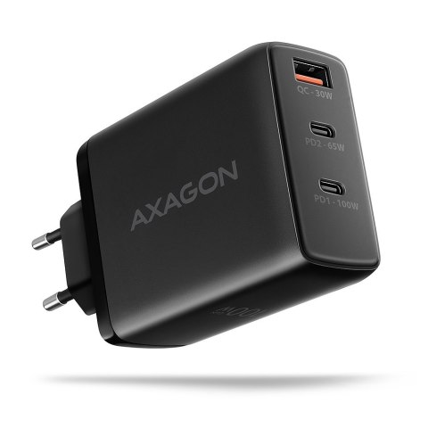 AXAGON ACU-DPQ100 Ładowarka sieciowa GaN 100W, 3x port (USB-A + dual USB-C) PD3.0/QC4+/PPS/Apple Czarna