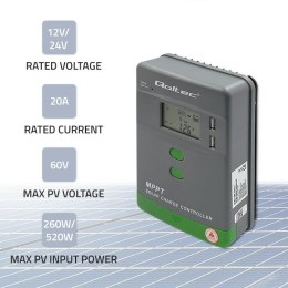 Qoltec Solarny regulator ładowania MPPT z czujnikiem temperatury 20A | 12V / 24V | LCD | 2 x USB