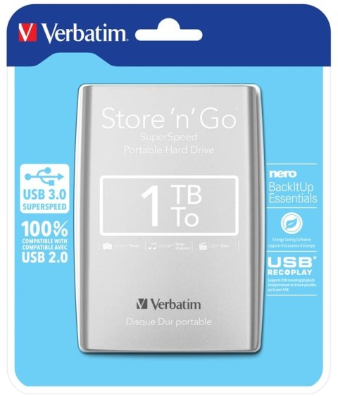 Verbatim Store 'n' Go zewnętrzny dysk twarde 1 TB 2.5" Micro-USB B 3.2 Gen 1 (3.1 Gen 1) Srebrny