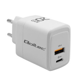 Qoltec Ładowarka sieciowa 20W GaN | 5-20V | 1.5-3A | 1xUSB-C PD | 1xUSB QC 3.0 | Biała