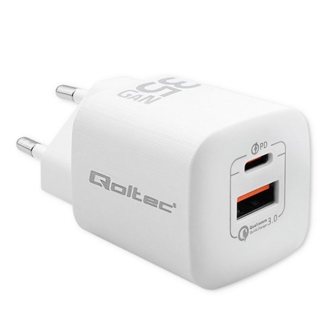 QOLTEC ŁADOWARKA SIECIOWA 35W GAN ULTRA | 5-20V | 2.25-3A | 1 X USB TYP C PD | 1 X USB | BIAŁA