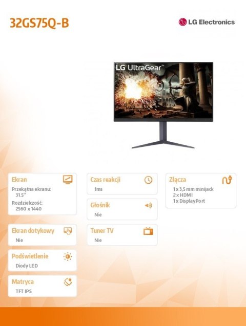 LG Electronics Monitor 32 cale 32GS75Q-B QHD UltraGear 180Hz, 1ms, 400 dc, DP, HDMI, Pivot, HAS