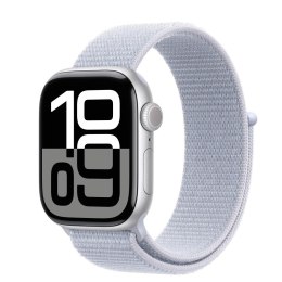 Apple Watch Series 10 GPS, koperta 42 mm z aluminium w kolorze srebrnym z opaską sportową w kolorze błękitnego obłoku