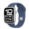 Apple Watch Series 10 GPS, koperta 42 mm z aluminium w kolorze srebrnym z paskiem sportowym w kolorze denim - rozmiar S/M