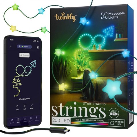 TWINKLY Inteligentne lampki dekoracyjne Strings USB-C (Candies) 200 LED RGB, gwiazdy, zielony przewód, 12 m