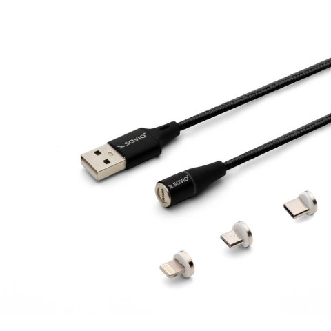 Kabel USB 2.0 SAVIO CL-155 USB - USB Typ C, Micro i Lightning, QC i PD 3.0, magnetyczny, 2m, czarny