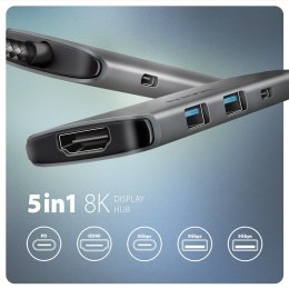 Axagon HMC-5H8K USB 5Gbps hub 2x USB-A USB-C HDMI 8k/30Hz PD 100W kabel USB-C Przewodowa USB 3.2 Gen 1 (3.1 Gen 1) Type-C Szary