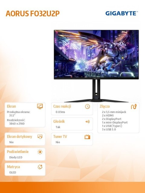 Gigabyte Monitor 31.5 cala FO32U2P OLED 0,03MS UHD 240HZ 4K
